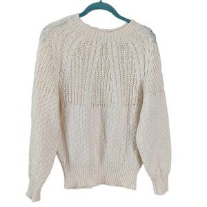 TAHARI textured knit cotton blend crew neck sweater  cream white Large T3